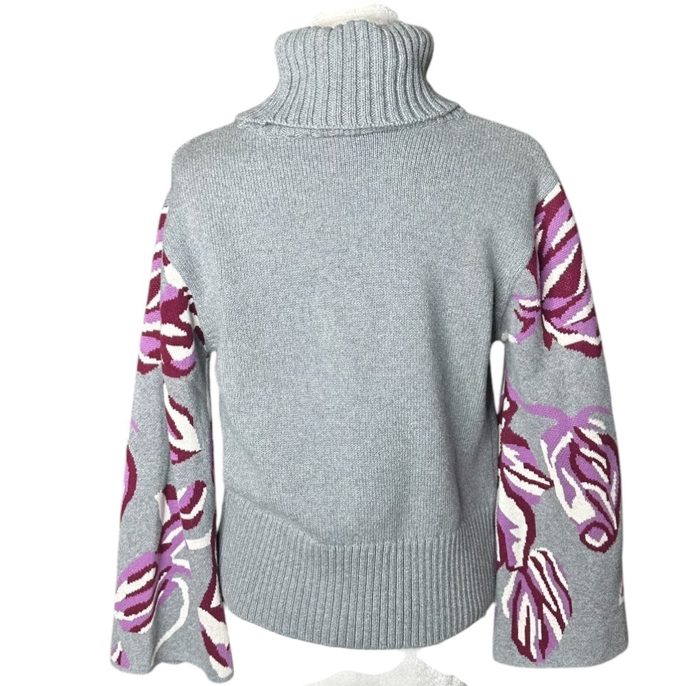 Cabi Gray Rose Eden Turtleneck Floral Bell Sleeve Sweater. Size Medium